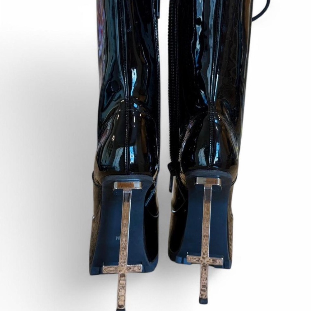Dolls Kill Black Patent Heeled Boots with Silver Cross Detail